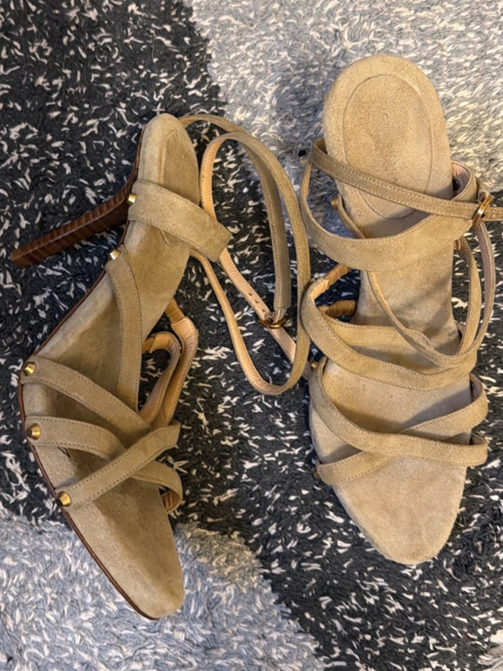 Donna Karan Taupe Suede Strappy Heels with Ankle Wrap